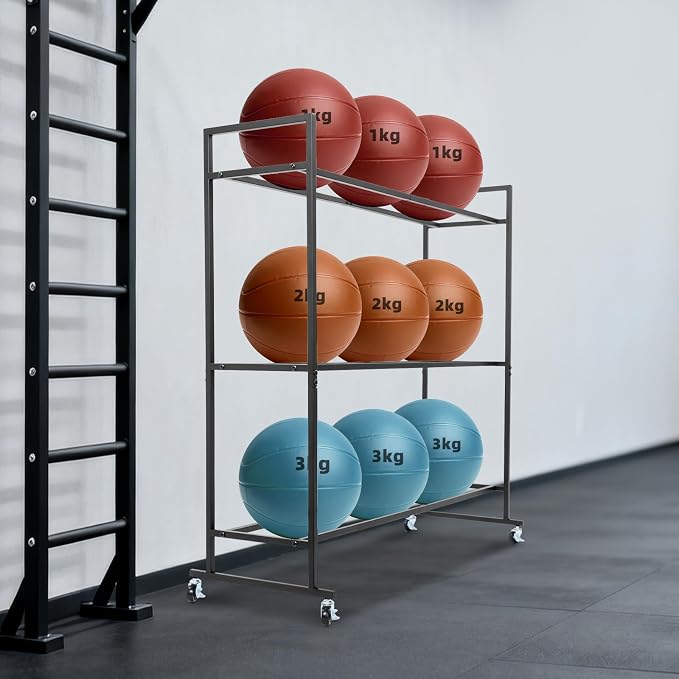 3-Tier Medicine Ball Rack with Wheels, Heavy Duty Rolling Storage Stand Holder for Slam & Wall Balls, Home Gym Organization Cart, Locking Casters, 60 lbs Capacity, Iron, Black
