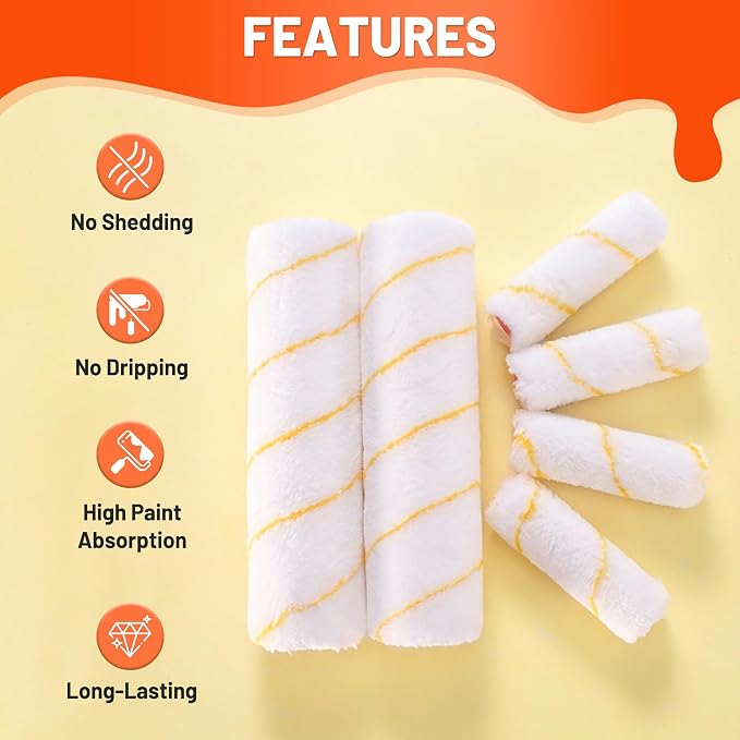 ValueMax 12PCS Paint Roller Kit with Tray, 9" & 4" Roller Frames, 6PCS Microfiber Replacement Covers 3/8" Nap, 3PCS Stainless Steel Extension Poles, for Walls, Ceilings, Floors, Furniture | 6 Microfiber Roller Covers, 3/8" Nap Thickness, Stainless Stee...