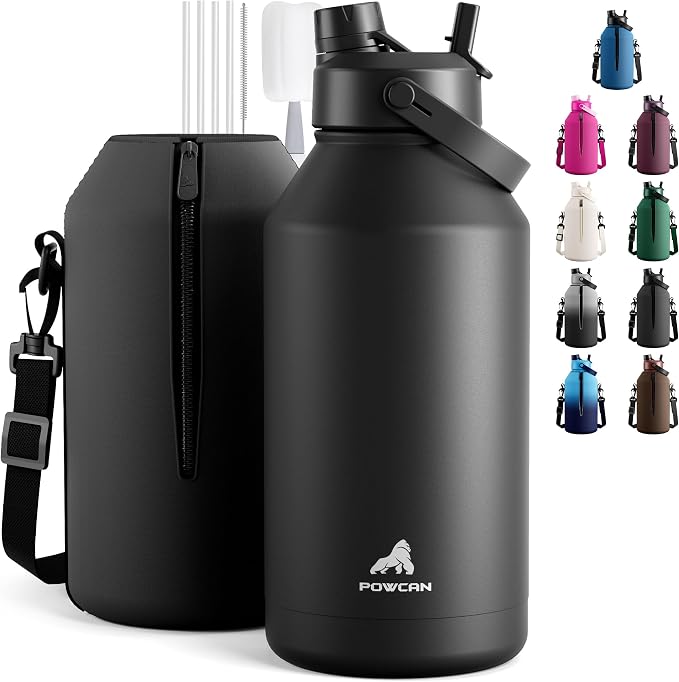 POWCAN 64 oz Insulated Water Bottle for Sports: 2-in-1 Straw & Spout Lid, Leakproof, Carrier Bag, Shoulder Strap, Keep Cold 48H, BPA-Free, Half Gallon Metal Water Jug for Gym, Travel, Gift (Midnight)
