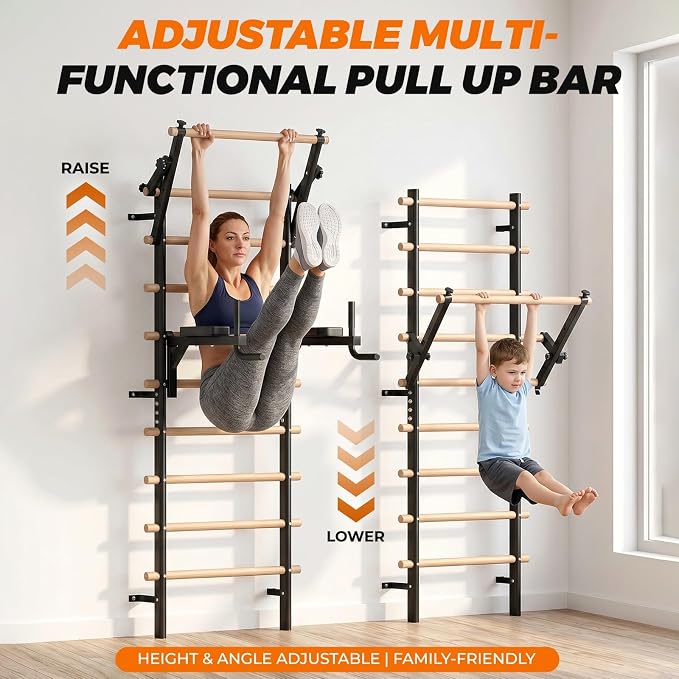 LIFERUN Swedish Ladder Wall Gym with Adjustable Pull-Up & Dip Bar | 92" Solid Beechwood, 264Lbs Capacity, Wall Mounted 9 Anchor Rods, Ideal for Home, School, Therapy & Gymnastics Training