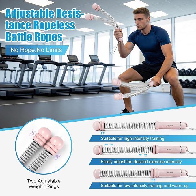 Weighted Ropeless Battle Ropes Adjustable Weight - Portable Cordless Battle Ropes for Home Gym with Poster - Strength Building, HIIT and Low-Impact Aerobic Training for Men & Women (Pink)