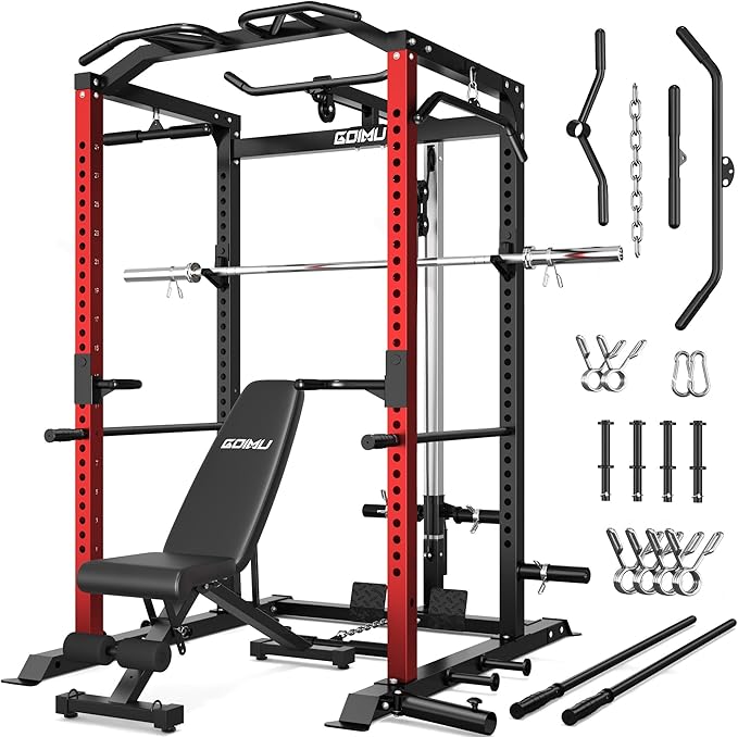 C1-V4 Power Cage, 2000LBS Squat Rack with LAT Pulldown, Multi-Function Weight Cage Strength Training Machine, Workout Cage with More Attachments for Home Gym Garage