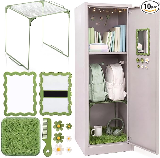 RattanView 10 Pcs Locker Accessories Kit Magnetic Acrylic Mirror Plush Rug Small Comb 6 Flower Magnet Locker Organizer for Back to School Teen Student Girl Office Work Lockers Decoration Gift(Green)