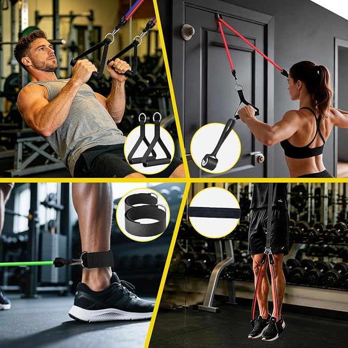 WHATAFIT Resistance Bands with Handles, 5-Level Exercise Bands for Workout | Natural latex,10-50 lbs, stackable to 150,Ankle Straps, Door Anchor,Guide. For Strength, Yoga,Home Gym,Travel & Workout.