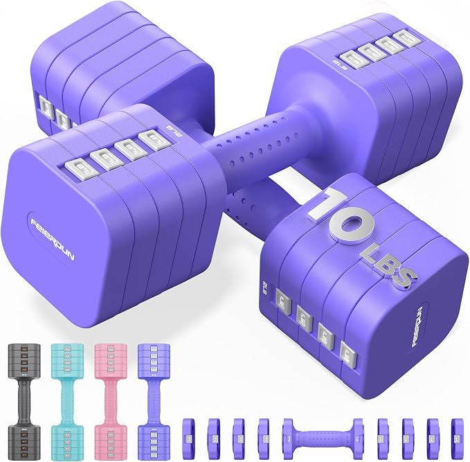 FEIERDUN DB3 5-in-1 Adjustable Dumbbell Set, 6LB/10LB Pair Adjustable Weights for Women at Home, Dual Locking Stable Hand Weights with TPU Soft Handle, Home Gym, Rehab, Pilates, Yoga, Strength Training