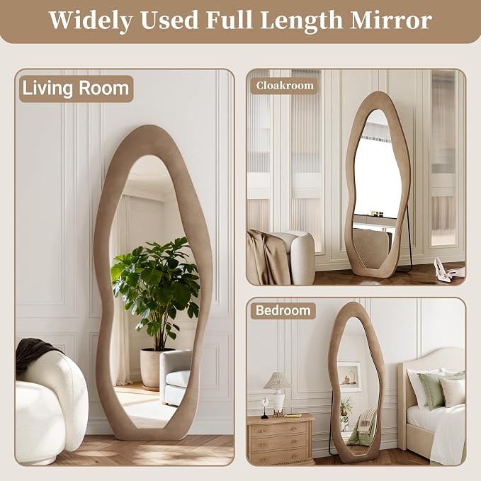 Irregular Full Length Mirror Flannel 63"x24" Full Body Mirror | Velvet Floor Mirrors with Stand, Irregular Wavy Mirror Hanging or Leaning Against Wall for Bedroom Living Room, Brown