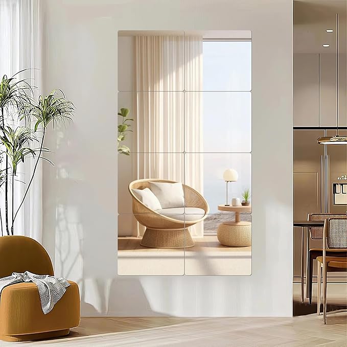 8 Pack 12x12 Inch Shatterproof Acrylic Mirror Tiles, Self-Adhesive Full Body Wall Mirrors for Bedroom, Home Gym, Bathroom & Living Room, Unbreakable Flexible Mirror Sheets