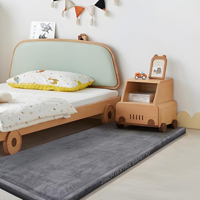 Huloo Sleep 2" Thick Play Mat for Babies Toddlers,Extra Safety Anti-Fall Cushion Mat, Non-Slip Water-Repellent Coral Velvet,28"x72" Bedside Rug for Kids Room (Dark Gray)