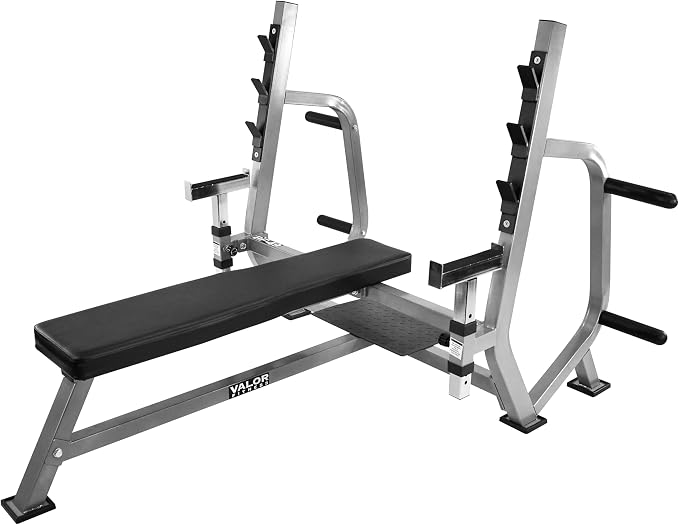 Valor Fitness Olympic Weight Bench Press Station | Spotter Arms, Adjustable Safety Catch, Max 500 lbs, Plate Storage Pegs, Home Gym Equipment