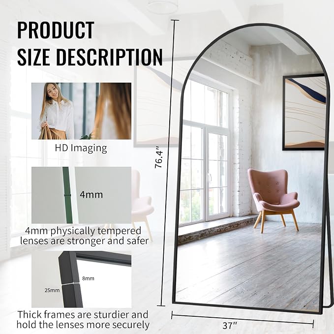 Beauty4U 76" x 37" Arched Full Length Mirror with Stand, Black Floor Mirror | Large Standing, Leaning, or Wall-Mounted Tempered Full Body Mirror with Metal Frame for Bedroom, Closet, Modern Home Decor