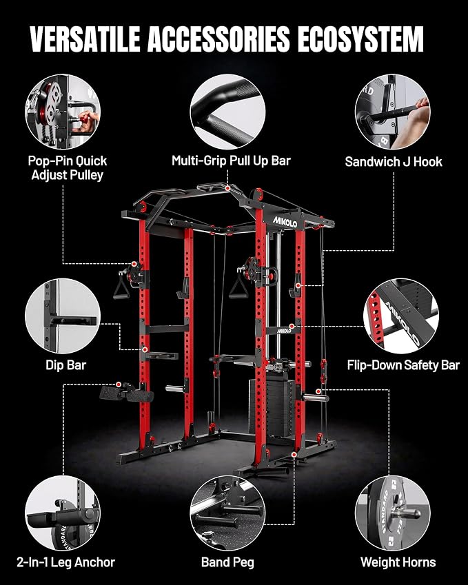 Mikolo K6 2.0 Power Cage, Power Rack with Cable Crossover System, 2000LBS Squat Rack with LAT Pull Down System, Functional Trainer with Aluminum Pulley System for Home Gym