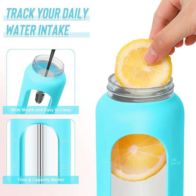 FULBEVY 32 oz Glass Water Bottles - 1 Liter Motivational Tumbler Water Bottle Time Marker - Borosilicate Glass Water Bottle With Silicone Sleeve and 2 Lids, Handle Spout & Bamboo Straw Lid (Teal)