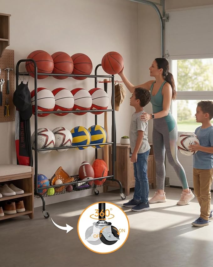 EXTCCT Basketball Rack, Rolling Basketball Shooting Training Stand,Sports Equipment Storage with Wheels, Four-Layer Organizer Holder with Two Basket for Basketballs Footballs Volleyball