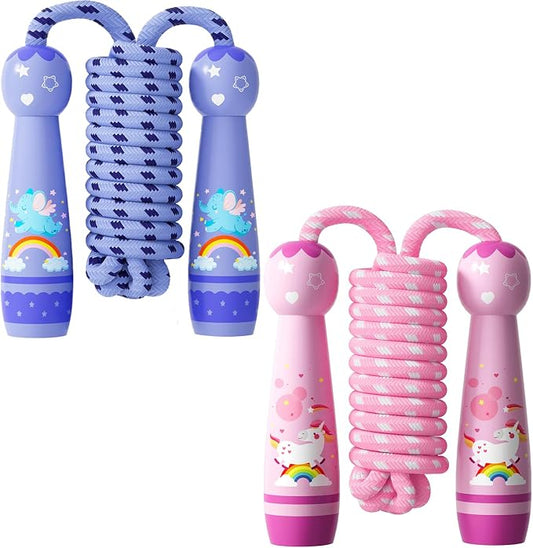 Jump Rope for Kids-Adjustable Cotton Braided Skipping Rope with Wooden Handle for Toddler Fitness Workout Exercise Outdoor Activity