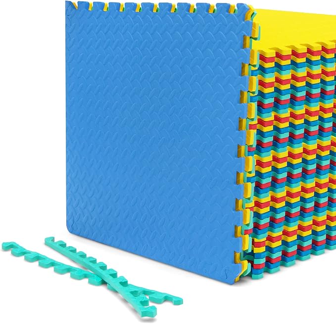 Tangkula 48 Tiles Exercise Flooring With Border, Non-Slip EVA Foam Protective Mats, Elastic Puzzle Play, 1/2" Interlocking Floor for Home Gym, Fitness Room, Workshop Equipment