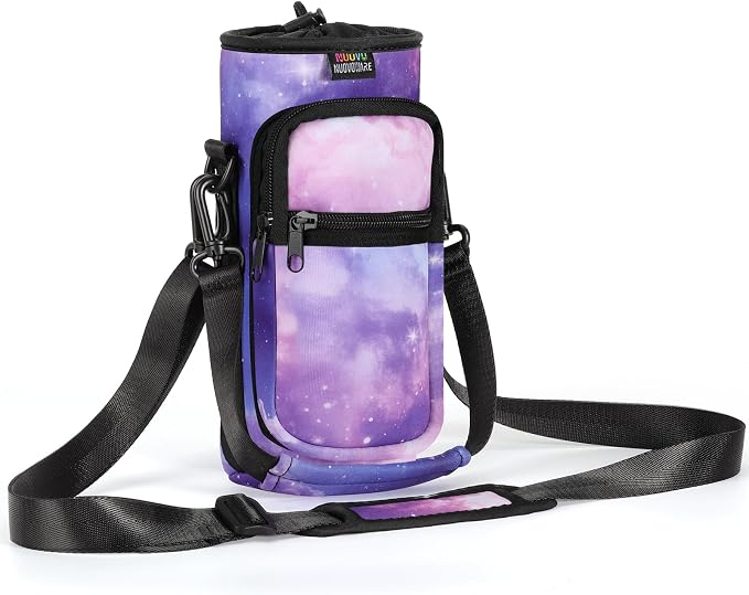Nuovoware Water Bottle Carrier Bag, 25oz/32oz, StarrySky Purple | Adjustable Shoulder Hand Strap, 2 Pocket, Sling Neoprene Sleeve, Sports Water Bottle Accessories