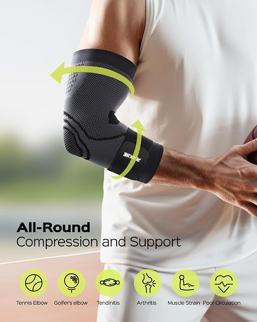 Rakiie Elbow Support Brace for Men and Women, 2 Pack Elbow Compression Sleeve, Elbow Brace for Tendonitis and Tennis Elbow, Elbow Sleeve Reduce Joint Pain for Tennis, Golfer, Workouts Black (M)