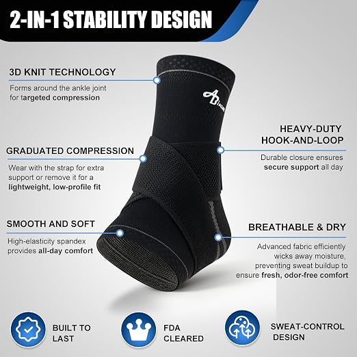 ABIRAM Graphene Ankle Brace Compression Sleeve with Adjustable Strap | Premium Ankle Stability Support, Breathable Compression Fabric, Ideal for Running, Basketball, Gym, Training & Daily Wear