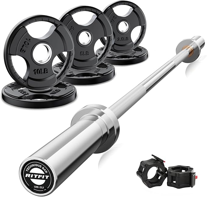 RitFit Barbell Weight Set - 4/6FT Olympic Barbell with Weight Plates (55-115LB Total) - Weightlifting Equipment for Squats, Curls, Deadlifts, Presses, Hip Thrusts