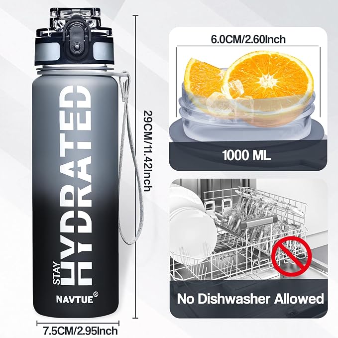 Water Bottle 32 oz Motivational Time Marker Tritan Bottle | BPA-free Tritan water bottle with time marker leakproof Lightweight portable Easy Clean Brush for Gym, Travel, School, Office