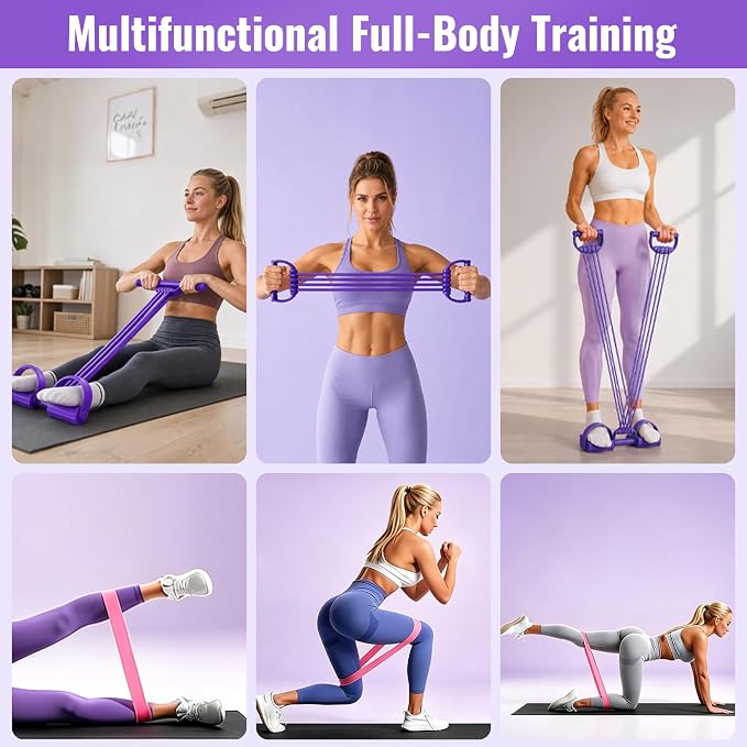 3-in-1 Adjustable Pedal Resistance Band Set with 5 Pcs 5-Level Loop Bands | 8-Tube Multifunctional Exercise Bands with Handles, Home Workout Equipment for Full Body, Glutes, Legs, and Stretching