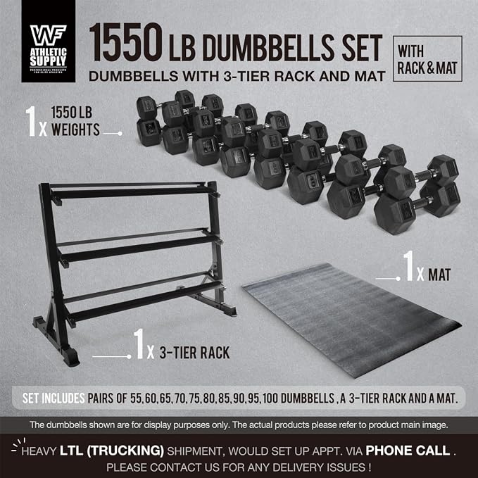 WF Athletic Supply Rubber Encased Hex Dumbbells with Rubber Grip Contoured Handle for Muscle Toning, Strength Building & Full Body Workout