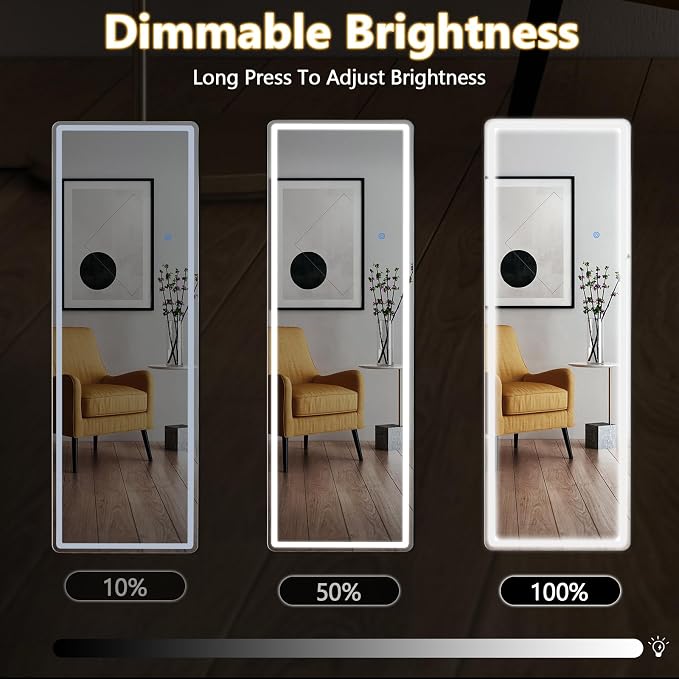 Sweetcrispy LED Full Length Floor Mirror, 65"x21" Lighted Full Body Mirror | Standing Mirror with Dimming & 3 Color Lighting, Shatterproof Tempered Glass, Wall Hanging or Leaning for Home Decor, White