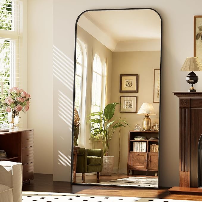 XRAMFY Full Length Mirror - Large Floor Standing & Wall Mountable Full Body Mirror with Sturdy Aluminum Frame, Arched Top Design, Freestanding or Hanging for Bedroom, Living Room, Cloakroom,Black
