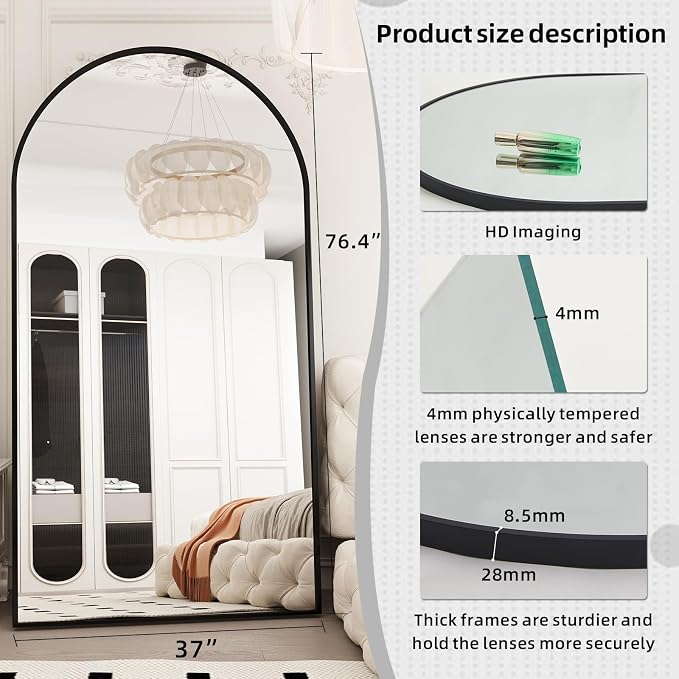 LFT HUIMEI2Y 76.4"x37" Arch Full Length Mirror, Black Floor Mirror | Tempered Oversized Mirror Full Body with Aluminum Alloy Frame; Standing, Leaning, or Wall Mount for Bedroom, Living Room