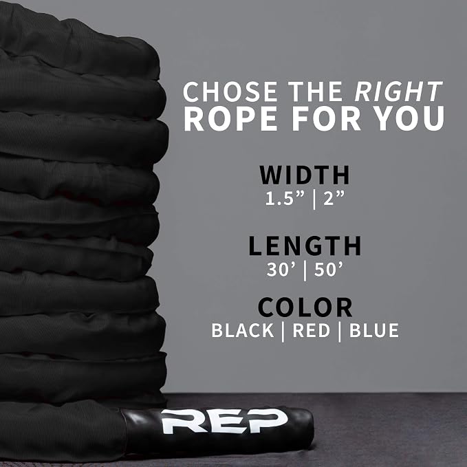 REP Fitness Battle Rope | 30/40/50 Ft Heavy Training Cord for Home Gym, Strength Workout, Cross Fit, Cardio Conditioning, Exercise Equipment with Protective Sleeve & Textured Grip Handles | 3 Colors