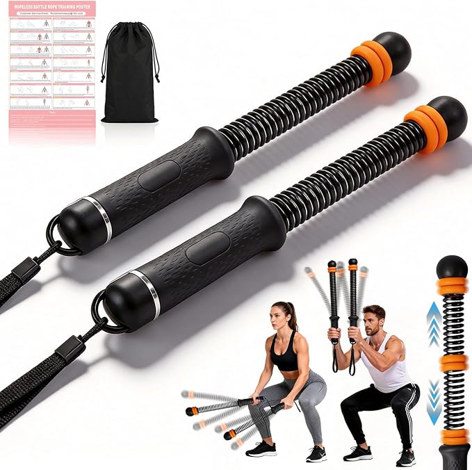 Upgrade Portable Ropeless Battle Ropes - Adjustable Weights Cordless Battle Ropes for Home Gym with Training Poster - Battle Rope Sticks Exercise Equipment for Low-Impact Workout, HIIT & Cardio