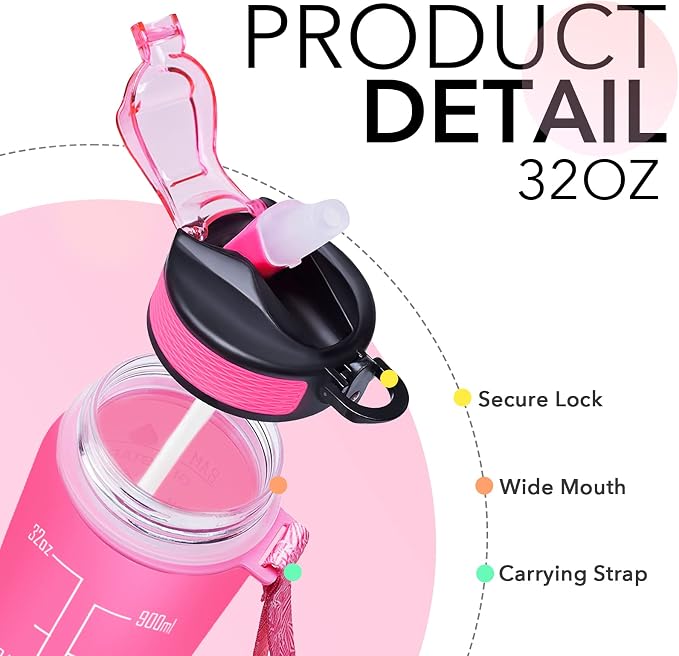 Hyeta Water Bottle with Straw & Time Marker, Plastic 32oz Leakproof | Motivational Tritan BPA Free Gym Office Outdoor Intake Tracker Hourly Reminder Straw Lid Carry Strap