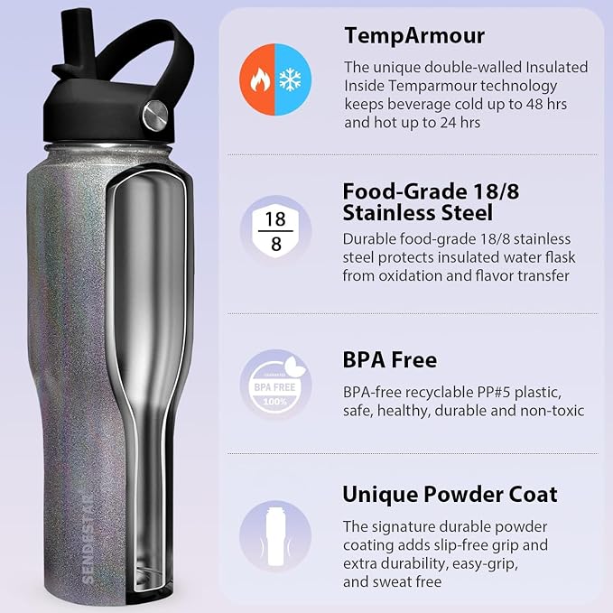 SENDESTAR Water Bottle,Wide Mouth Stainless Steel Vacuum Insulated Double Wall Keep Liquids Cold or Hot All Day,Sweat Proof Sport Design,Fit Car Cup Holder,Laser Grey,40,Ounces