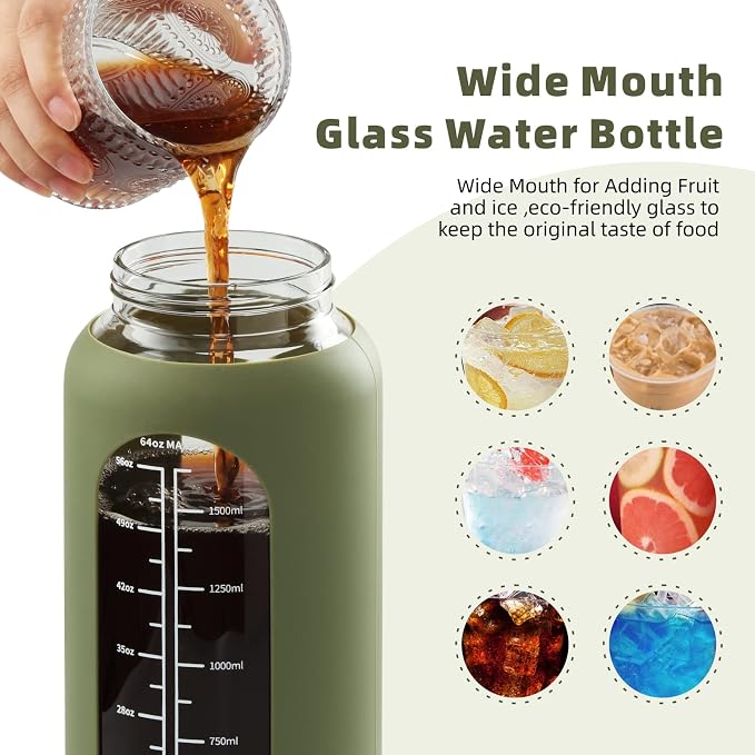 52 oz Glass Water Bottle with 2-in-1 Straw Lid Large Half Gallon Water Bottle with Time Marker & Removable Silicone Sleeve,Wide Mouth BPA-Free Borosilicate Bottle for Gym, Workout & Daily Use