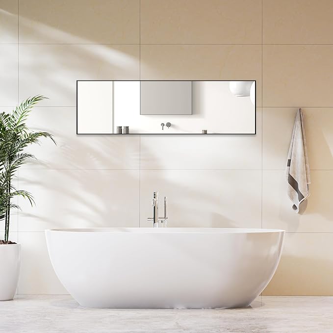 OLIXIS 59"x16.6" Full Length Mirror, Full Body Mirror with Stand | Aluminum Alloy Thin Frame, Free Standing Mirrors for Bedroom, Hanging or Leaning Floor, Living Room Bedroom, Black