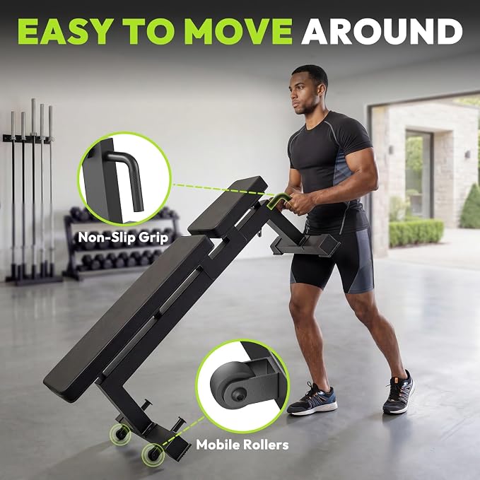 HANDBODE Adjustable Weight Bench, 1500 lb Incline Workout Bench, Home Gym | 0 To 85 Degree Backrest, Three Seat Angles, Steel Frame, Wheels And Handle, Foldable Storage, Chest Presses, Dumbbell Rows