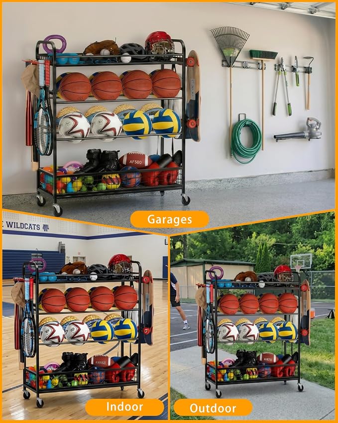 EXTCCT Garage Sports Equipment Organizer - Rolling Ball Storage Bin with Wheels, Garage Sports Gear Rack Outdoor Basketball Racks for Balls with Baseball Bat Holder and Hooks, Toy Organizer