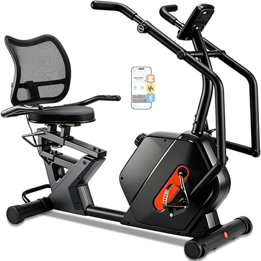 Kawnina Recumbent Exercise Bike for Home with Arm Exerciser, 420 lbs | Heavy-duty stationary bike with ergonomic mesh backrest, adjustable seat rail, arm exerciser & 16-level magnetic resistance.