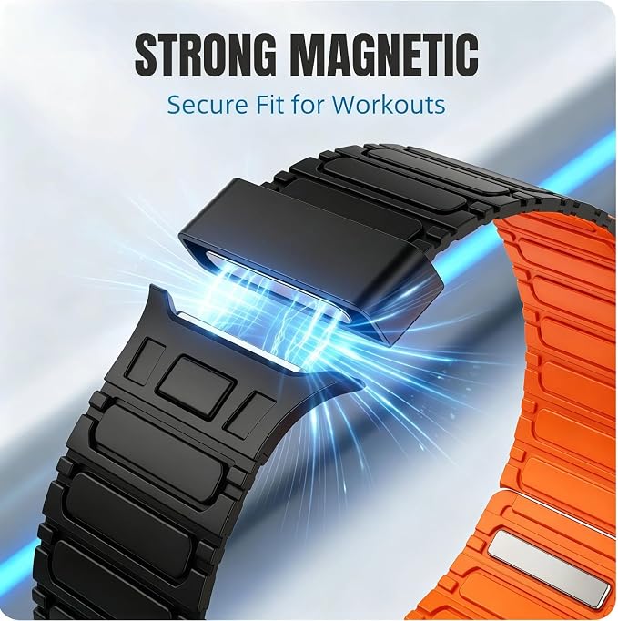 Magnetic Band Compatible with Apple Watch Ultra 3/2/1 Band for Men 49mm 46mm 45mm 44mm 42mm, Silicone Sport Waterproof Loop Strap Magnet Link for iWatch Series SE 11 10 9 8 7 6 5 4 3 2 1(BlackOrange)