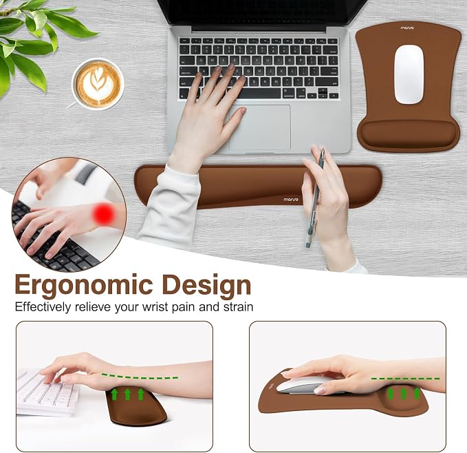 MOSISO Wrist Rest Support for Mouse Pad & Keyboard Set, Ergonomic Mousepad Non-Slip Base Home/Office Pain Relief & Easy Typing Cushion with Neoprene Cloth & Raised Memory Foam, Brown