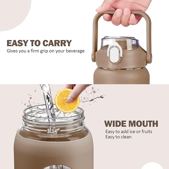 42oz Glass Water Bottles with Straw, Motivational Glass Bottle with Silicone Sleeve and Time Marker, Leakproof Large Glass Water Jug for Gym Home Office,Amber