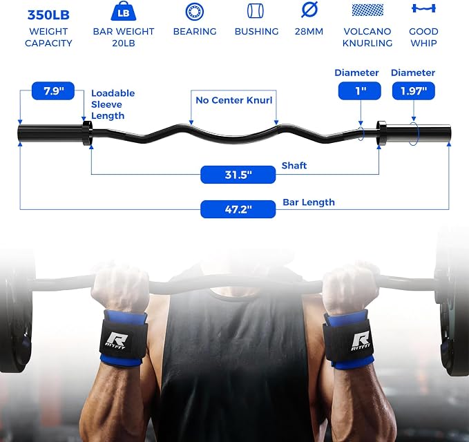 RitFit 2 Inch EZ Curl Bar Olympic Barbell with Weight Plates & Collar | 4FT EZ Curl Bar with 35LB Weight Plates, Collars for Bicep, Tricep Workout, Weightlifting, 350LBS Weight Capacity