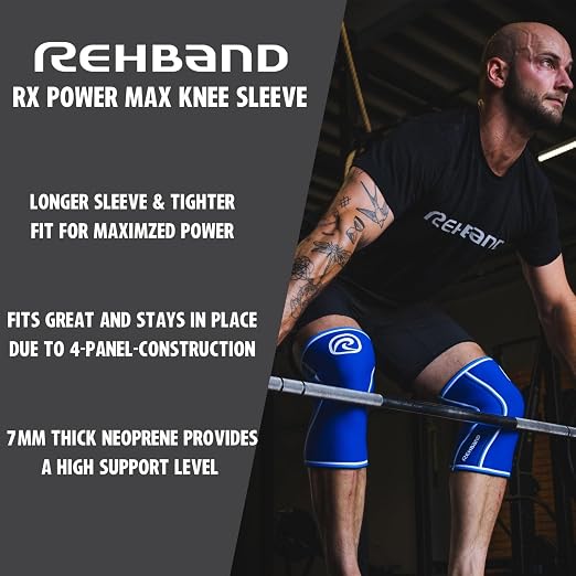 Rehband Rx Knee Sleeve Power Max, 1 piece, knee support 7mm neoprene, strongman, heavy lifting, longest knee sleeve, Colour:Black, Size:XS