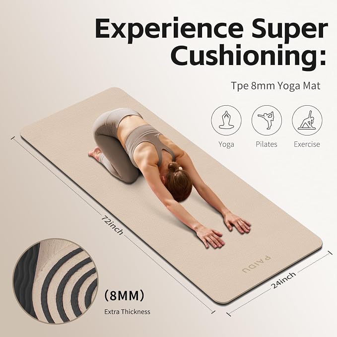 PAIDU Yoga Mat 8mm TPE Non‑Slip Fitness Mat with Strap for Home Workouts | SGS Certified, Odorless, Tear‑Resistant, Unisex, for Yoga, Pilates, Meditation, Home & Gym Workouts
