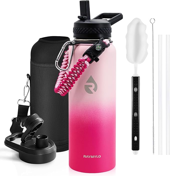 RAYMYLO Insulated Water Bottle 40 oz, Triple Wall Vacuum Stainless Steel | (Cold for 36Hrs, Hot for 18Hrs), Leak Proof & Non-BPA, Modern Water Flask Jug with Paracord Handle & Straw Spout Lids