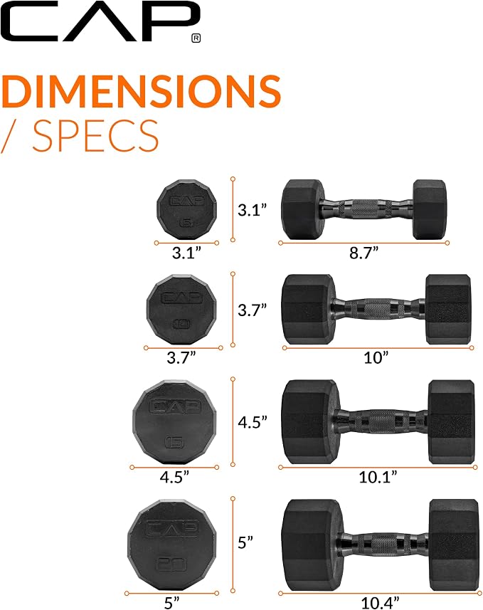 CAP Rubber Coated Hex Dumbbell Set with Storage Rack | 100–210 lb Options, Space-Saving Vertical Compact Storage for Home Gym Strength Training