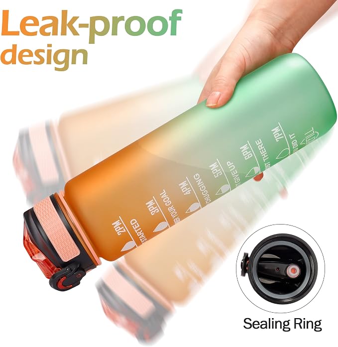 YC Kitchen Motivational Water Bottle with Time Marker - 32oz, Leak-proof BPA Free Sports Water Bottles with Straw & Carrying Strap