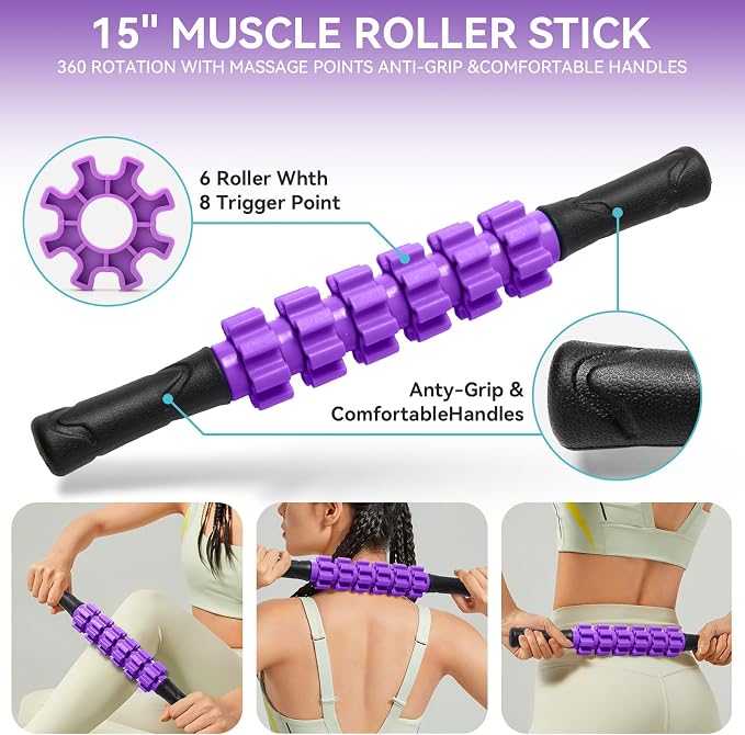 Krightlink 5 in 1 Foam Roller Set High Density Deep Tissue Massager | Trigger Point Massage Roller for Muscle Massage, Massage Ball, Resistance Band for Whole Body Physical Therapy Purple
