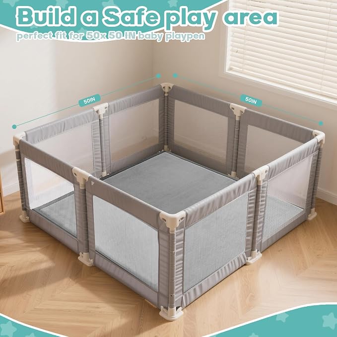 Baby Play Mat for Floor, 50'' x 50'' Thicken Foam Soft Padded Playmat for Tummy Time, Playpen Mat for Toddlers Infant Kids, Water-Repellent Coral Velvet, Non-Slip Bottom Safe for Crawling (Dark Grey)