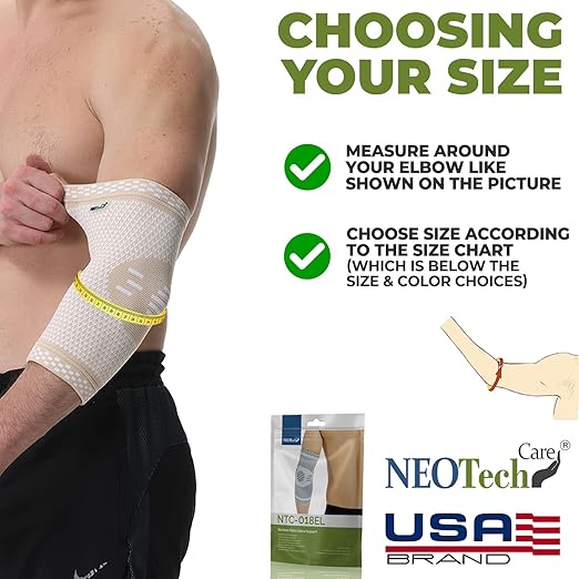 NeoTech Care Elbow Support Brace - Breathable - Men, Women, Right or Left (Beige Color, Size S, 1 Unit)